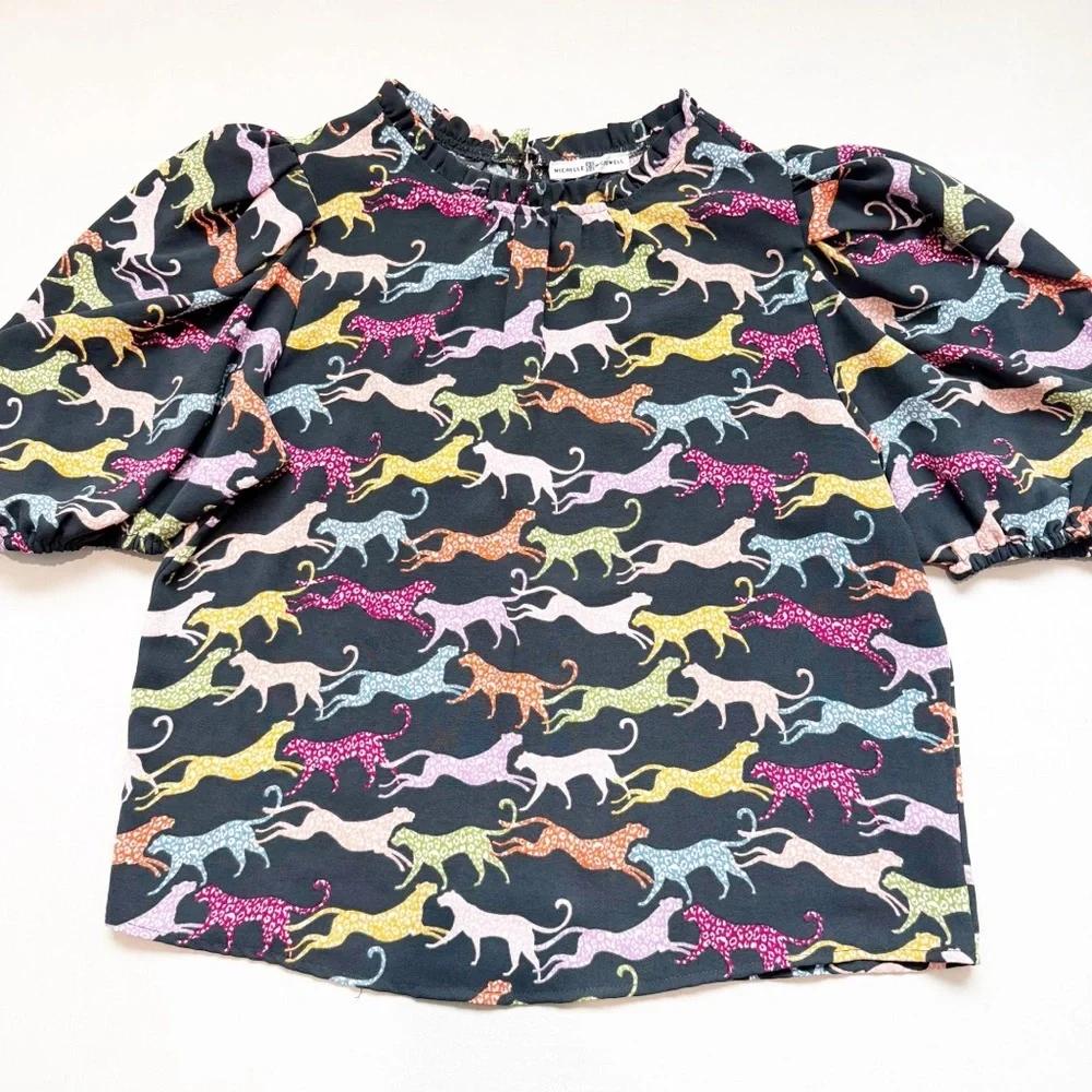 Michelle McDowell Women's Black Cheetah Print Ruffle Puff Libby Top Shirt Blouse - Picture 4 of 6